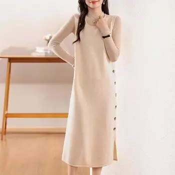Женское кашемировое платье Qinghe кашемир 30% кашемир 70% шерсть осенне-зимняя кашемировая юбка мягкая и теплая L бежевый