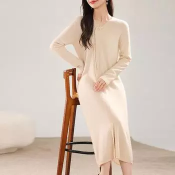 Женское кашемировое платье Qinghe кашемир 30% кашемир 70% шерсть осенне-зимняя кашемировая юбка мягкая и теплая L темно-коричневого