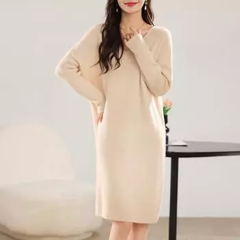 Женское кашемировое платье Qinghe кашемир 30% кашемир 70% шерсть осенне-зимняя кашемировая юбка мягкая и теплая темно-коричневого