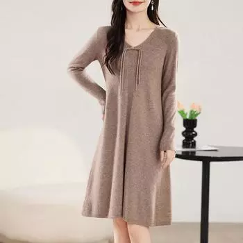 Женское кашемировое платье Qinghe кашемир 30% кашемир 70% шерсть осенне-зимняя кашемировая юбка мягкая и теплая L темно-коричневого