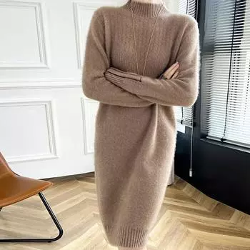 Женское кашемировое платье Qinghe кашемир 30% кашемир 70% шерсть осенне-зимняя кашемировая юбка мягкая и теплая L коричневый