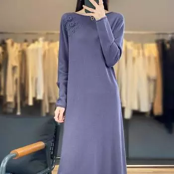 Женское кашемировое платье Qinghe кашемир 70% шерсть 30% кашемир женское осенне-зимнее кашемировое платье мягкое и теплое L темно-серого