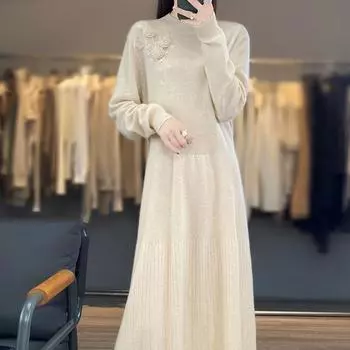 Женское кашемировое платье Qinghe кашемир 70% шерсть 30% кашемир женское осенне-зимнее кашемировое платье мягкое и теплое L бежевый