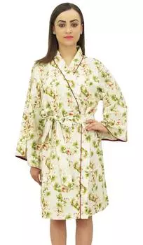 Женское кимоно-халат Bimba из хлопка и поплина с цветочным принтом, короткое ночное белье 14 светло-бежевый