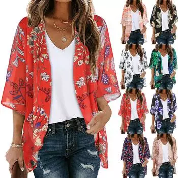 Женское кимоно-кардиган с цветочным принтом и пышными рукавами, свободная шифоновая повседневная блузка, топы L бежевый
