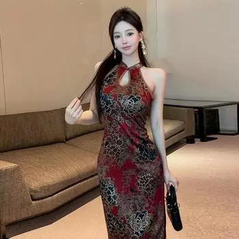 Женское китайское ретро-платье-ципао облегающего кроя с открытыми плечами S