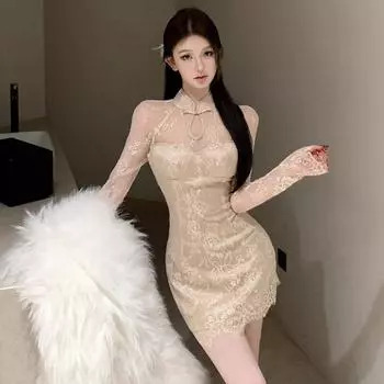 Женское китайское темпераментное кружевное платье-чеонгсам с пряжкой S абрикосовый