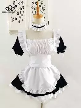 Женское классическое платье горничной в стиле Лолиты, винтажное женское платье для косплея, черное платье с длинными рукавами для девочек из аниме S белый