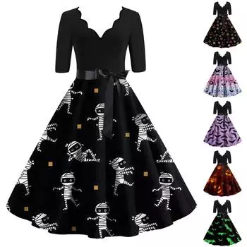 Женское классическое платье в стиле ретро с коротким рукавом и принтом на Хэллоуин, V-образным вырезом, свободное платье XXL чёрный