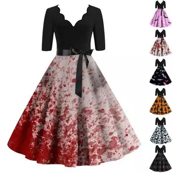 Женское классическое платье в стиле ретро с коротким рукавом и принтом на Хэллоуин, V-образным вырезом, свободное платье XL шафрановый