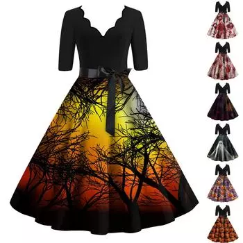 Женское классическое платье в стиле ретро с коротким рукавом и принтом на Хэллоуин, V-образным вырезом, свободное платье XL оранжевый