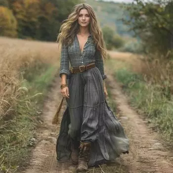 Женское клетчатое макси-платье с длинным рукавом, рубашка на пуговицах, длинное платье, повседневное платье А-силуэта с V-образным вырезом на весну-лето S зелёный