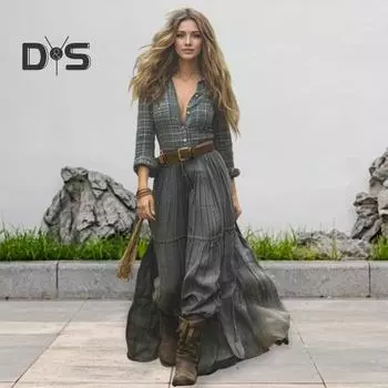 Женское клетчатое макси-платье с длинным рукавом, рубашка на пуговицах, длинное платье, повседневное платье А-силуэта с V-образным вырезом на весну-лето S зелёный