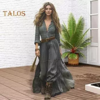 Женское клетчатое макси-платье с длинным рукавом, рубашка на пуговицах, длинное платье, повседневное платье А-силуэта с V-образным вырезом на весну-лето S зелёный