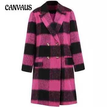 Женское клетчатое пальто большого размера, зимнее новое длинное двухстороннее пальто Senior Sense Suit Collar Wool Coat S чёрный