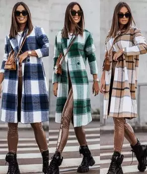 Женское клетчатое пальто средней длины, модное женское осеннее пальто, универсальное женское верхнее пальто S хаки