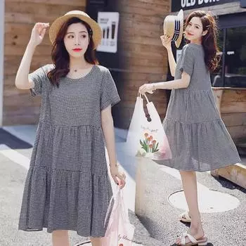 Женское клетчатое платье А-силуэта для беременных - свободный крой, средняя длина, летний стиль XL чёрный