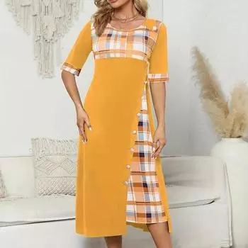 Женское клетчатое платье миди с коротким рукавом, круглым вырезом, цветными блоками, пуговицами и неровным подолом 4XL чёрный