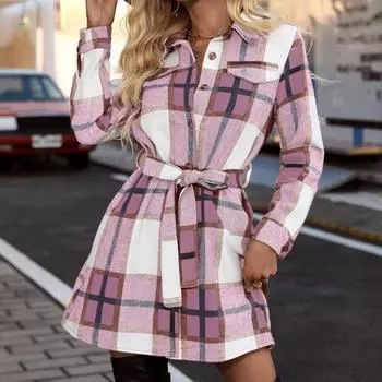 Женское клетчатое платье-рубашка, осенне-зимнее модное повседневное платье миди с отложным воротником и поясом, с длинным рукавом, женские сексуальные офисные платья S розовый