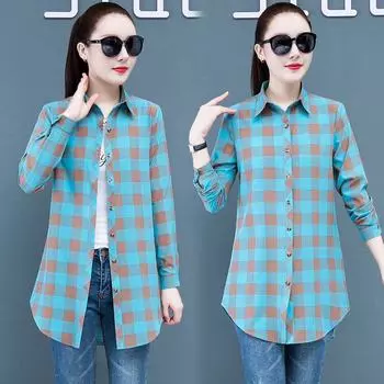 Женское клетчатое платье-рубашка: Пижама бойфренда в корейском стиле с длинными рукавами и средней длиной в красном, синем и желтом цветах. Стройный, но свободный и сексуальный. 2XL