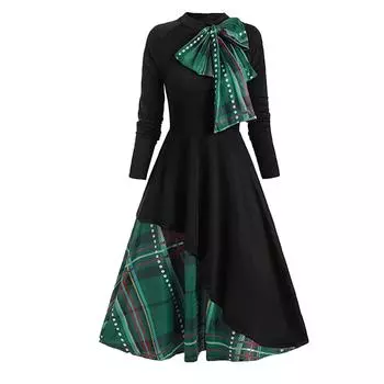 Женское клетчатое платье с бантом и принтом в стиле пэчворк с длинным рукавом и круглым вырезом на пуговицах XL чёрный