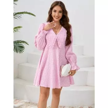 Женское клетчатое платье с большими лацканами, длинные рукава, элегантное утягивающее платье А-силуэта с широкими лацканами S розовый