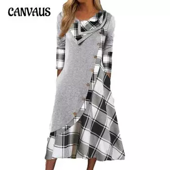 Женское клетчатое платье с длинным рукавом, на пуговицах, с карманами и наборным воротником S белый/серый