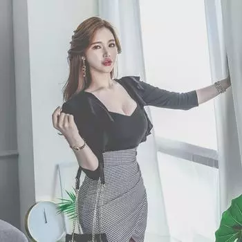 Женское клетчатое платье с квадратным вырезом и оборками на рукавах, лето 2025 г. Large