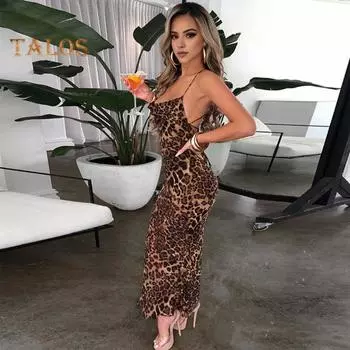 Женское клубное платье на тонких бретельках с открытой спиной, облегающее платье с открытыми плечами и леопардовым принтом без рукавов, облегающее платье с низким вырезом для выпускного вечера, платье макси с ремешками, длинный сарафан L хаки