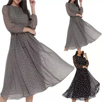 Женское кофейно-черное шифоновое платье с длинными рукавами и кружевным платьем в горошек с принтом L кофейный