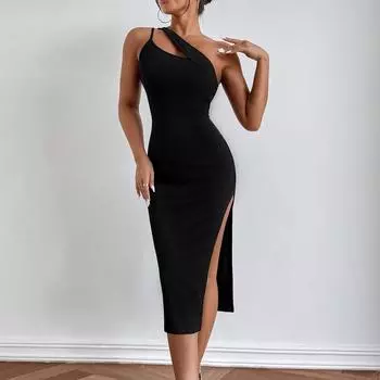 Женское коктейльное черное облегающее вечернее платье с открытыми плечами M чёрный