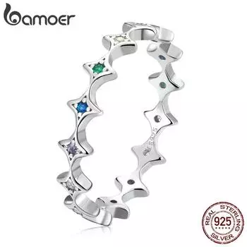 Женское кольцо BAMOER из стерлингового серебра 925 пробы с радужным цирконием и звездой, размер кольца с геометрическим дизайном 6, 7, 8, ювелирные изделия, свадебный подарок