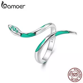 Женское кольцо BAMOER из стерлингового серебра 925 пробы с зеленой эмалью и цирконами, зеленая змея, простые и модные кольца 925 silver