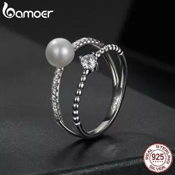 Женское кольцо BAMOER из стерлингового серебра 925 пробы с натуральным жемчугом и муассанитом, эффектный подарок на годовщину, ювелирные изделия 2mm