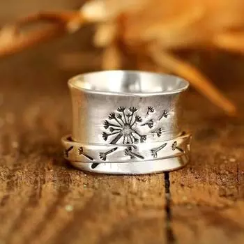 Женское кольцо Цветок одуванчика Spinner Винтажный внешний вид Кольцо на палец Свадебная вечеринка Ювелирные изделия US 11 серебряный