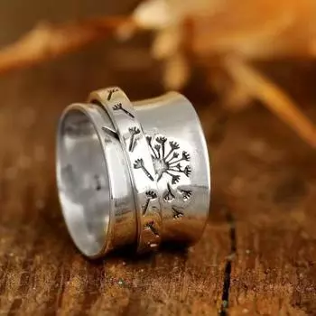 Женское кольцо Цветок одуванчика Spinner Винтажный внешний вид Кольцо на палец Свадебная вечеринка Ювелирные изделия US 7 серебряный