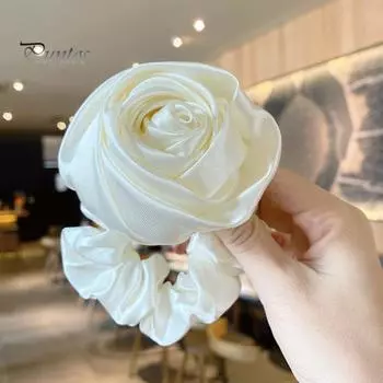 Женское кольцо для волос с 3D-декором в виде цветка розы, гладкая атласная резинка для волос, безопасная для кожи головы, аксессуар для волос белый