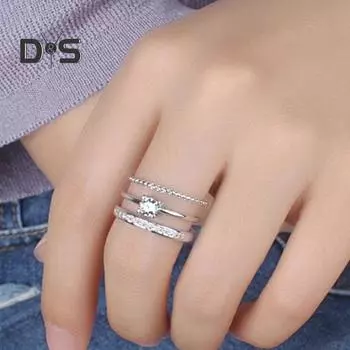 Женское кольцо-фиджет, трехслойное, полое, открытое, регулируемое, с полированными стразами, украшением, успокаивающее, вращающееся кольцо для выпускного вечера, банкета, ювелирные изделия серебряный