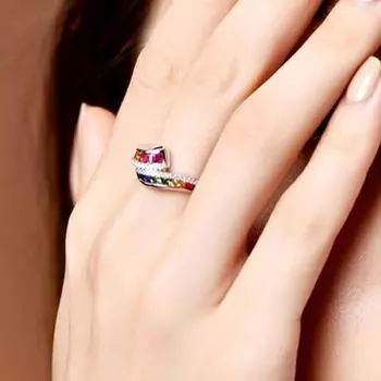 Женское кольцо, инкрустированное блестящими стразами, сверкающее геометрическое гальваническое украшение, подарок, цветной радуга, искусственный драгоценный камень 8