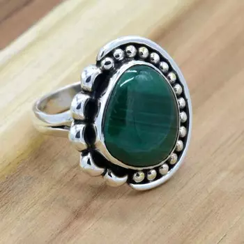 Женское кольцо из стерлингового серебра 925 пробы с зеленым малахитом, ювелирные изделия из окисленного кольца из натурального зеленого малахита 4 зелёный