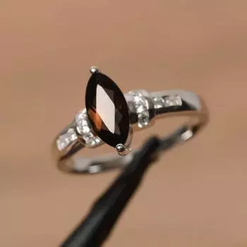 Женское кольцо из стерлингового серебра 925 пробы с драгоценным камнем из дымчатого кварца огранки маркиза для помолвки и юбилея 3 коричневый