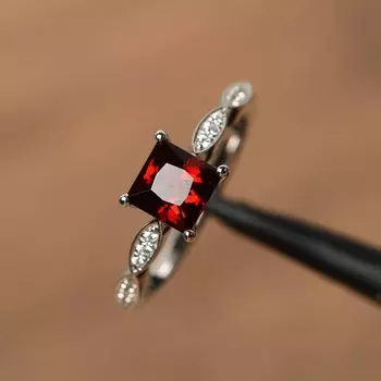 Женское кольцо из стерлингового серебра 925 пробы с натуральным красным гранатом огранки принцессы для помолвки, юбилея и свадебного кольца 3 красный