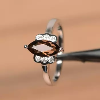 Женское кольцо из стерлингового серебра 925 пробы с драгоценным камнем из дымчатого кварца огранки маркиза для помолвки и юбилея 3 коричневый