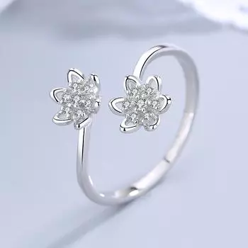 Женское кольцо из стерлингового серебра S925 в корейском стиле с бриллиантом в форме лотоса, универсальное открытое кольцо со свежим цветком, серебряное кольцо
