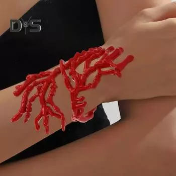 Женское кольцо, красный коралл, ажурный гладкий сплав, преувеличенный стиль в стиле хип-хоп, регулируемая манжета на запястье, женский браслет, повседневные ювелирные изделия для вечеринок красный