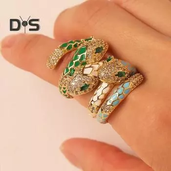 Женское кольцо на палец с регулируемым отверстием, сверкающие стразы, кольцо в форме змеи, коктейльное ювелирное украшение для вечеринки, подарок трава зеленый