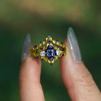 Женское кольцо, позолоченное парное обручальное кольцо с сапфиром No. 5