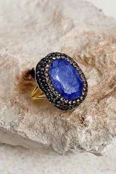 Женское кольцо ручной работы с синим сапфиром серии акация, регулируемый размер, из натурального камня
