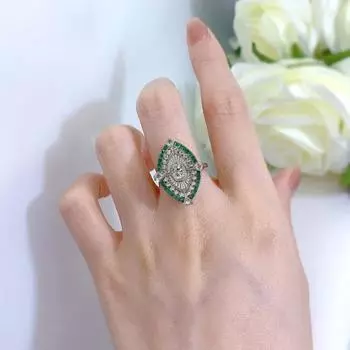 Женское кольцо с блестящими стразами, инкрустированное двухцветной геометрией, гальваника, арт-деко, подарок, натуральный изумруд, искусственный 9