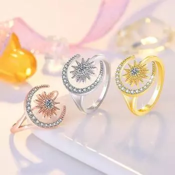 Женское кольцо с геометрическим рисунком, изысканное, элегантное, темпераментное, подарок, со стразами, кольцо на палец со звездой и луной розового золота